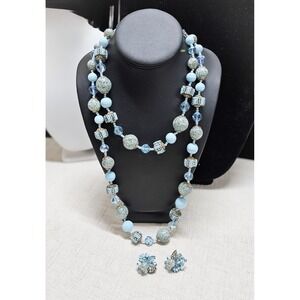 Vintage Vendome Blue Glass Crystal Double Strand Necklace Earrings Set Gold Tone